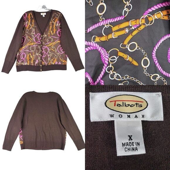Talbots Women’s Size XL Cardigan Sweater Brown Chainlink Silk Long Sleeve - Picture 1 of 9